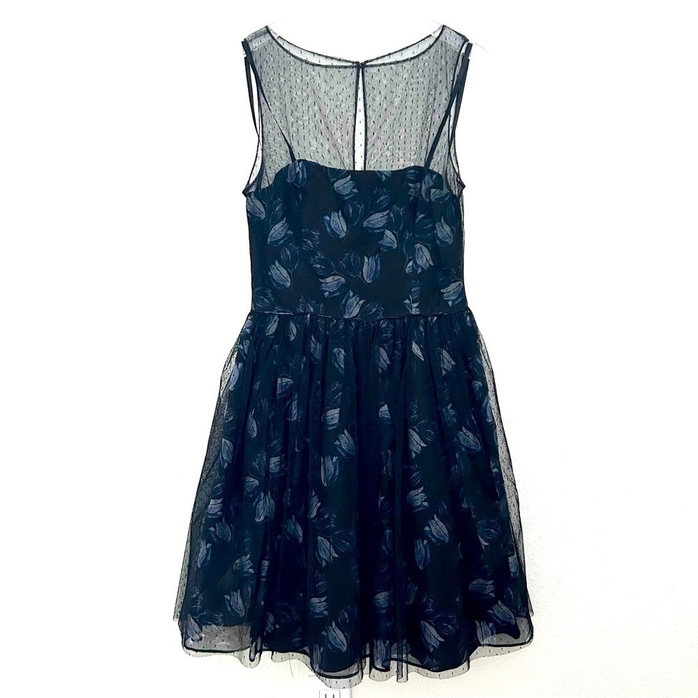Jill Stuart Silk Floral Cocktail Dress Illusion Dark Romantic Blue Black Size 4